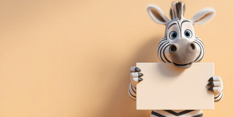 Adorable cartoon zebra holding blank board, cheerful expression, vibrant colors, playful design, suitable for children themes, fun illustration
