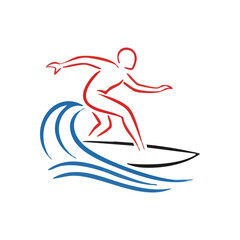 (Surfer Riding Wave Illustration. Dynamic artwork showing a person enjoying a water sport. Represents adventure, energy, and freedom on the ocean.)