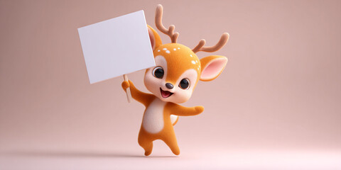 Cute baby deer character holding blank sign, cheerful expression, colorful design, playful pose, cartoon style, whimsical art