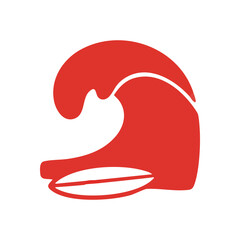 (Red Ocean Wave Surfer Icon Design. Vibrant scarlet illustration of an aquatic crest featuring a longboard. Symbolizes summer thrills, sea adventures, and sport.)
