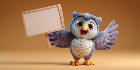 Obraz premium Colorful cute owl character lifting empty sign, expressing joy and playfulness in vibrant setting