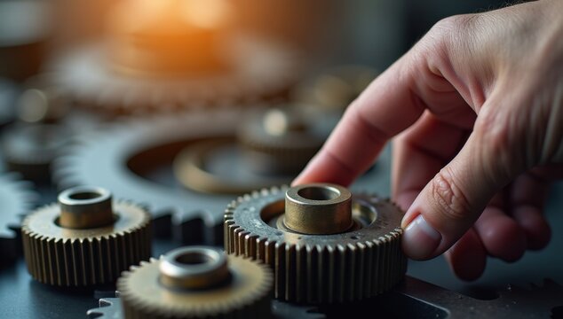 Ajuste manual del engranaje final del mecanismo, lo que representa un trabajo en equipo eficiente y el logro de objetivos estrat&eacute;gicos