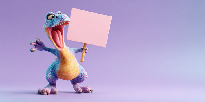 Colorful dinosaur character lifting empty sign, joyful expression, cartoon style, vibrant colors, playful design, fun illustration