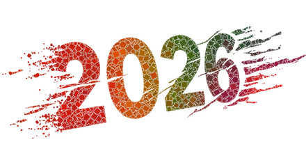 Distorted 2026 text pixelated effect red to green gradient dynamic dispersion