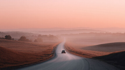 Fototapeta premium A car drives along a winding road through hazy fields and distant hills at sunrise. Evokes adventure, freedom, and escape. Perfect for travel, lifestyle, or motivational content.