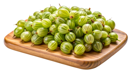 Fresh ripe green gooseberries piled high on a rustic wooden cutting board close up