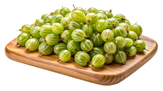 Fresh ripe green gooseberries piled high on a rustic wooden cutting board close up