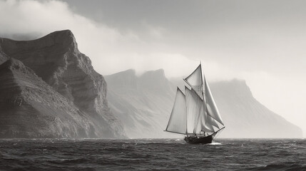 Monochrome seascape featuring a sailing vessel against a dramatic, misty mountain backdrop. Represents adventure, exploration, or overcoming challenges. Ideal for travel or nautical themes.