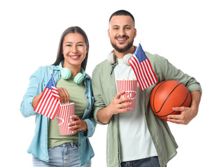Couple of sports fans with ball and USA flags on white background