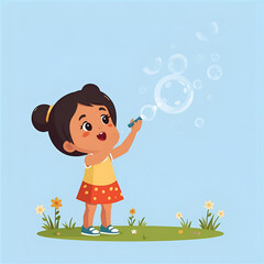 Adorable young girl happily blowing bubbles in a grassy field with flowers under a bright blue sky, evoking childhood joy and carefree playfulness
