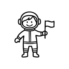 (Happy Astronaut Explorer Flag Icon. A cheerful spaceman in a cosmic suit holds a pennant. Represents discovery, imagination, and scientific achievement for future ventures.)