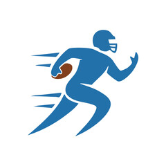 (Dynamic Football Runner Silhouette. Stylized blue figure of an American football athlete in a fast-paced run, clutching a brown ball. Represents energy and achievement.)