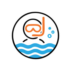 (Snorkel Mask Water Adventure Icon. Vibrant illustration of a dive goggle emerging from blue waves with rising bubbles. Represents aquatic exploration and summer vacation activities.)