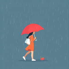 Woman in orange dress walking with a red umbrella in the rain, carrying a white bag, with a small red object on the ground