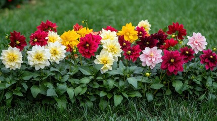 Fototapeta premium A cheerful garden scene with bright flowers like daisies, dahlias, and begonias, surrounded by fresh green grass.