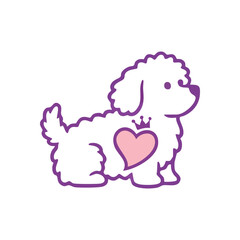 (Fluffy Puppy with Regal Heart Emblem. A delightful illustration depicting a small white canine, featuring a lovely pink motif topped with a petite crown. Expresses cherished affection.)