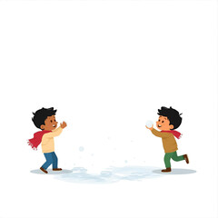 Two young boys joyfully engaged in a playful snowball fight during a cheerful winter day, surrounded by snow