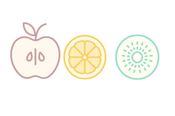Minimalist pastel colored cross sections of apple, citrus, and kiwi fruit slices arranged horizontally
