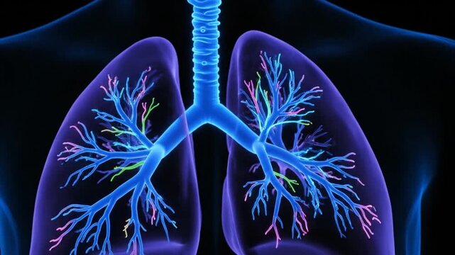 Animated 3D Medical Visualization of Human Lungs and Bronchial Tree with Glowing Branches