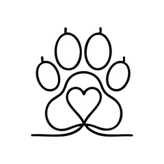 (Paw Print Heart Continuous Line. A simple, flowing illustration captures a beloved pet's pad, symbolizing devotion and companionship. Great for animal design concepts.)