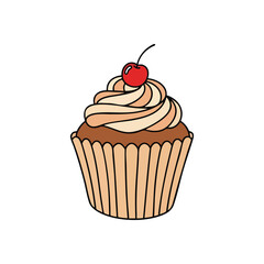 (Sweet Cupcake with Red Berry. This charming dessert features creamy icing and a ripe red fruit, evoking feelings of festivity and delight. Ideal for event invitations or delectable culinary concepts.