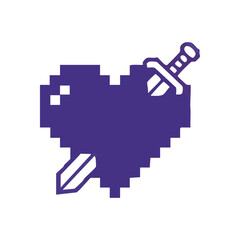 Pixelated Heart with Piercing Sword. A vivid retro cardiac emblem, rendered in digital 8-bit style, features a blade thrust through it. This artwork conveys profound anguish, treachery, or resilience.