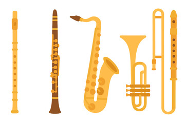 Classic wind instruments set including saxophone clarinet trombone and recorder