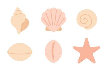 Collection of marine shells and a starfish in soft pastel colors for beach themes