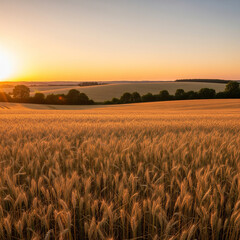 Obraz premium Golden wheat fields bathed in the sunset light, a soft orange sky in the distance.