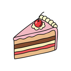 (Sweet Layer Cake with Cherry Topping. This delightful confectionery features pink icing and a ripe berry garnish. Its vibrant hues and stacked strata symbolize happiness and celebration.)