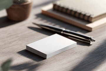 Fototapeta premium Clean, minimalist desk scene with blank business cards, pen, and notebook. Ideal for showcasing branding, design, or office concepts. Professional, elegant style.