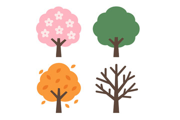 Four stylized trees representing the seasonal cycle including spring bloom, summer foliage, autumn leaves, and bare winter branches