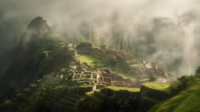 Mystical Machu Picchu emerges from misty mountains a breathtaking Peruvian landscape