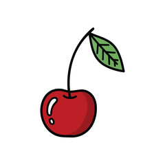 (Fresh Cartoon Cherry with Green Leaf. Vivid illustration of a plump scarlet berry, embodying simple joy and natural goodness. Perfect for food, healthy lifestyle, or playful projects.)