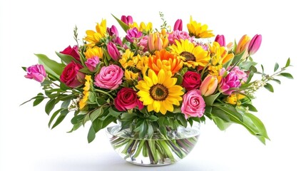 A cheerful vase filled with bright spring flowers like sunflowers and tulips, adding color to a room.