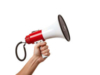 Hand holding a megaphone on black background