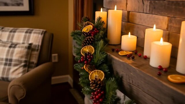 Cozy living room scene featuring lit candles on a stone mantelpiece decorated with a festive garland of pine, dried oranges, cranberries, and pinecones.