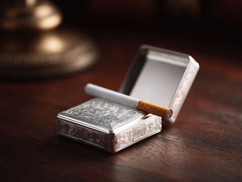 Elegant still life featuring a cigarette atop an ornate silver case. Represents addiction, vintage style, or personal habits. Suitable for articles, blogs, or retro designs.