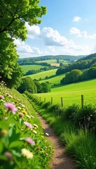 Vibrant English Countryside Rolling Hills and Lush Green Flora under a Summer Sky