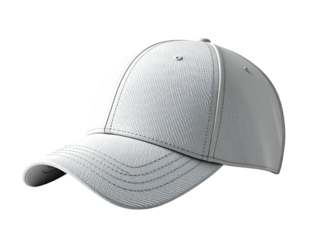 A realistic digital render of a plain, crisp white baseball cap, front and side angled view