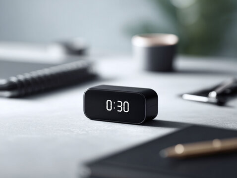 Minimalist timer counting down on a desk with elegant stationery. Focus, productivity, time management, deadlines concept. Use for planning, studying, work, projects.