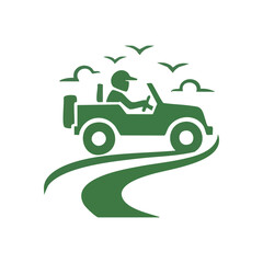 (Green Safari Adventure Drive. This icon symbolizes outdoor exploration and personal freedom. A person navigates a rugged path in a convertible vehicle, embarking on an exciting voyage.)