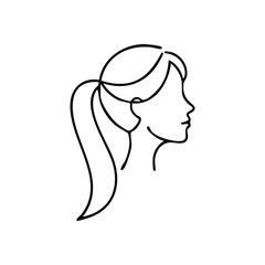 (Woman Profile Ponytail Line Art. A simple, elegant outline depicting a female's side view with hair tied back. This minimalist illustration symbolizes grace, beauty, and identity.)