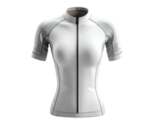 A form-fitting, white performance cycling jersey with short sleeves and a full-length zipper