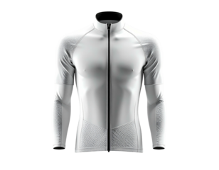 Sleek white, long-sleeved athletic garment with a full zipper and textured detailing