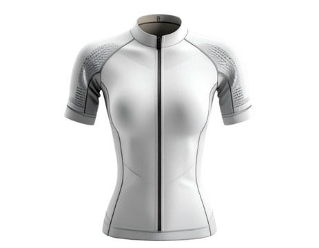 A form-fitting, white performance cycling jersey with short sleeves and a full-length zipper