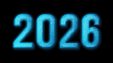Futuristic Digital Representation of the Year 2026 Featuring Blue Glowing Numbers and Binary Code on a Black Background for Technology and New Year Themes