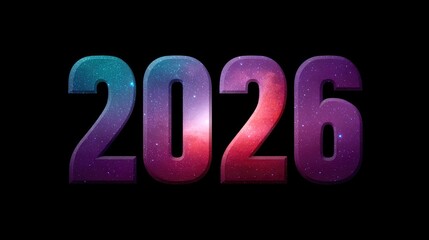 Vibrant Cosmic Galaxy Representation for the Year 2026 Featuring Colorful Stars and Nebulae in Bold Typography against a Dark Background