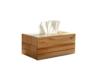 A rectangular wooden tissue box, light-colored with tissues emerging from the opening