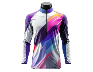 A long-sleeved athletic shirt, featuring a striking abstract geometric design in vivid colors